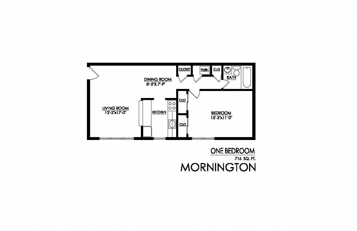 Floor plan for 1 bed, 1 bath, 716 sqft